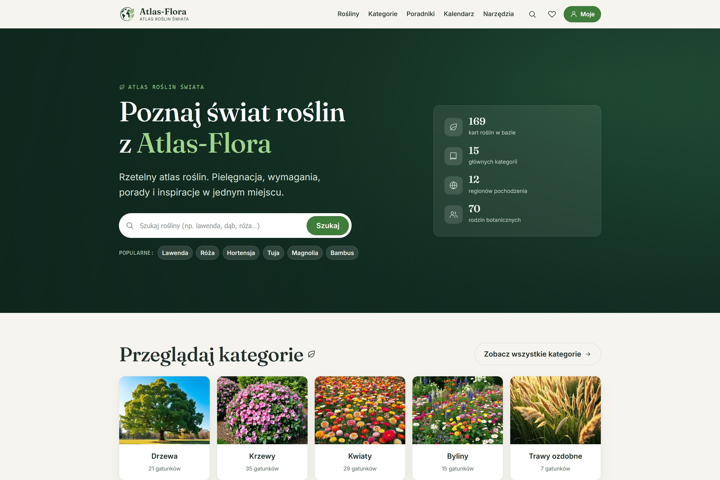 Atlas-Flora homepage with a grid of plant categories